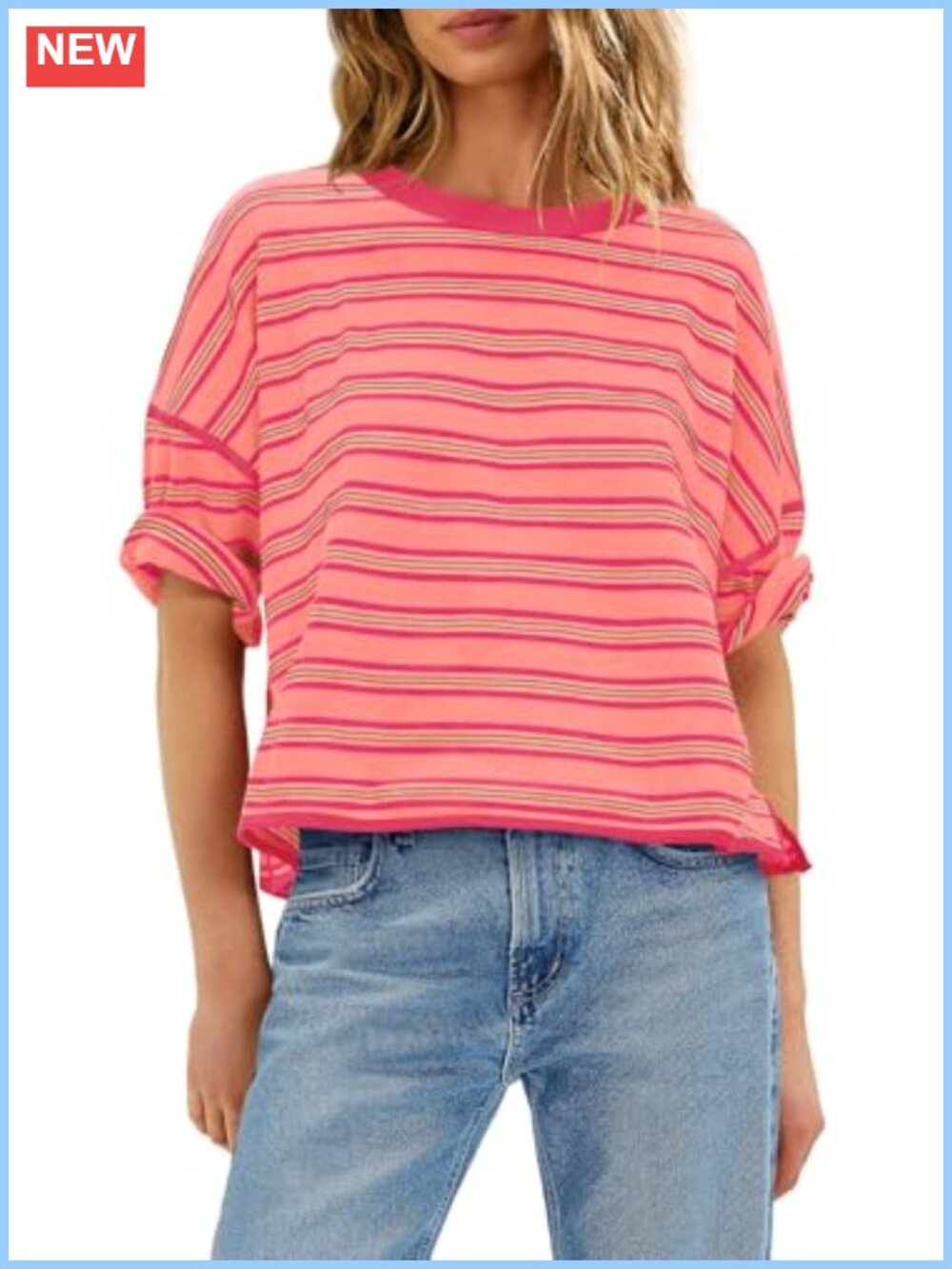 Oversized Striped Casual Tee Short Sleeve Drop Shoulder Summer T-Shirt